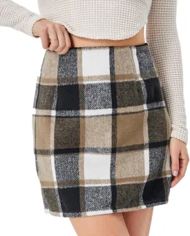 Women's Casual Plaid Skirt Zipper Side High Waisted Bodycon Mini Skirt