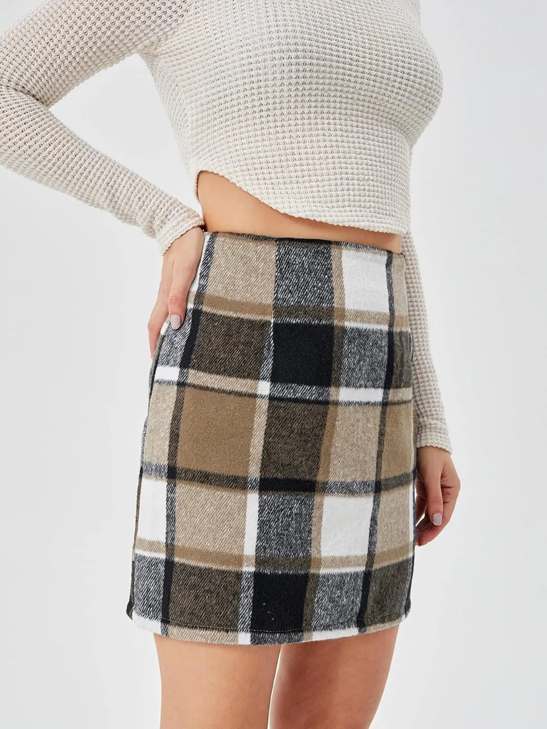 Women's Casual Plaid Skirt Zipper Side High Waisted Bodycon Mini Skirt
