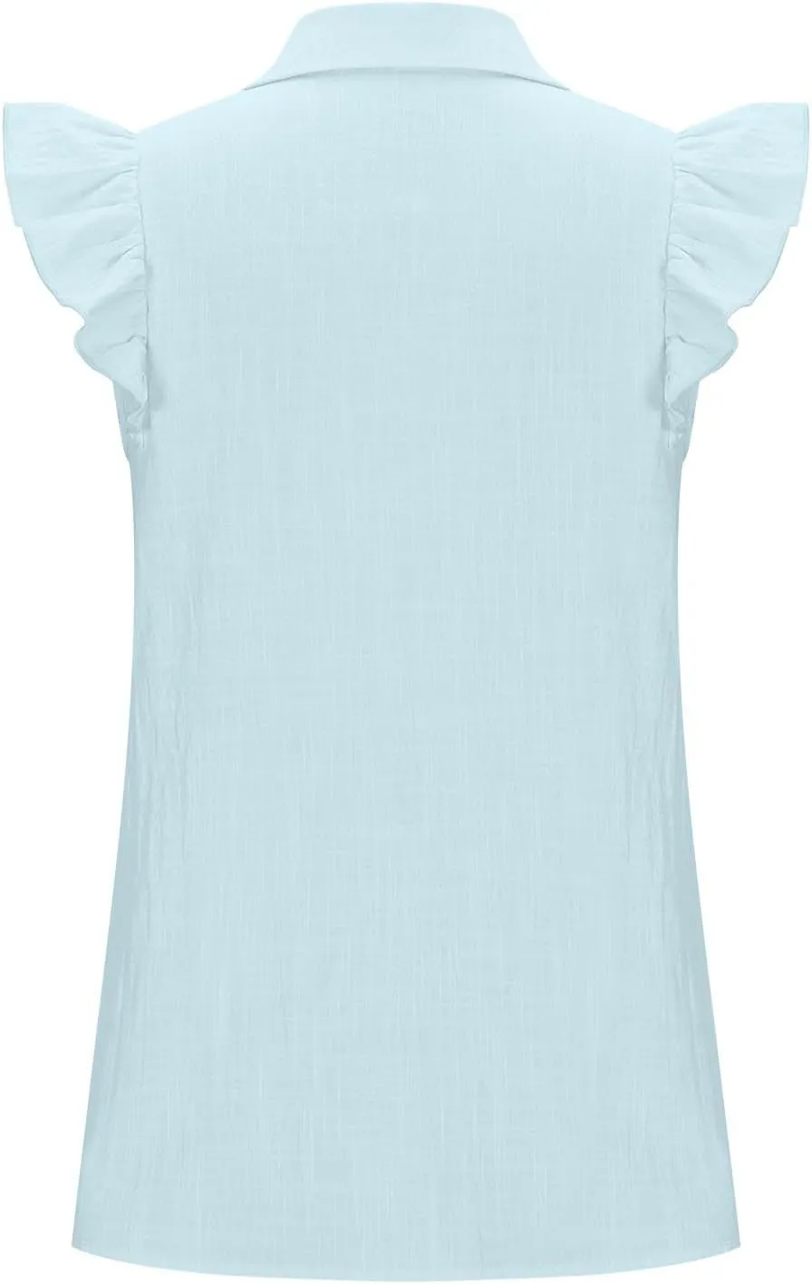 Women's Casual Ruffle Cap Sleeve Shirts Button Down V Neck Dressy Tee Tops Summer Fashion Lightweight Work Blouses