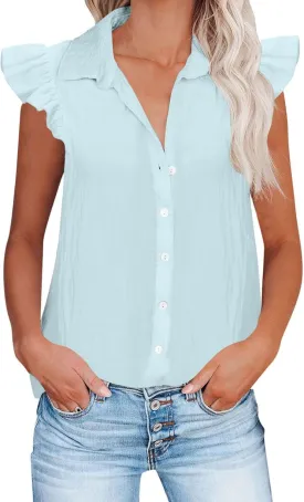 Women's Casual Ruffle Cap Sleeve Shirts Button Down V Neck Dressy Tee Tops Summer Fashion Lightweight Work Blouses