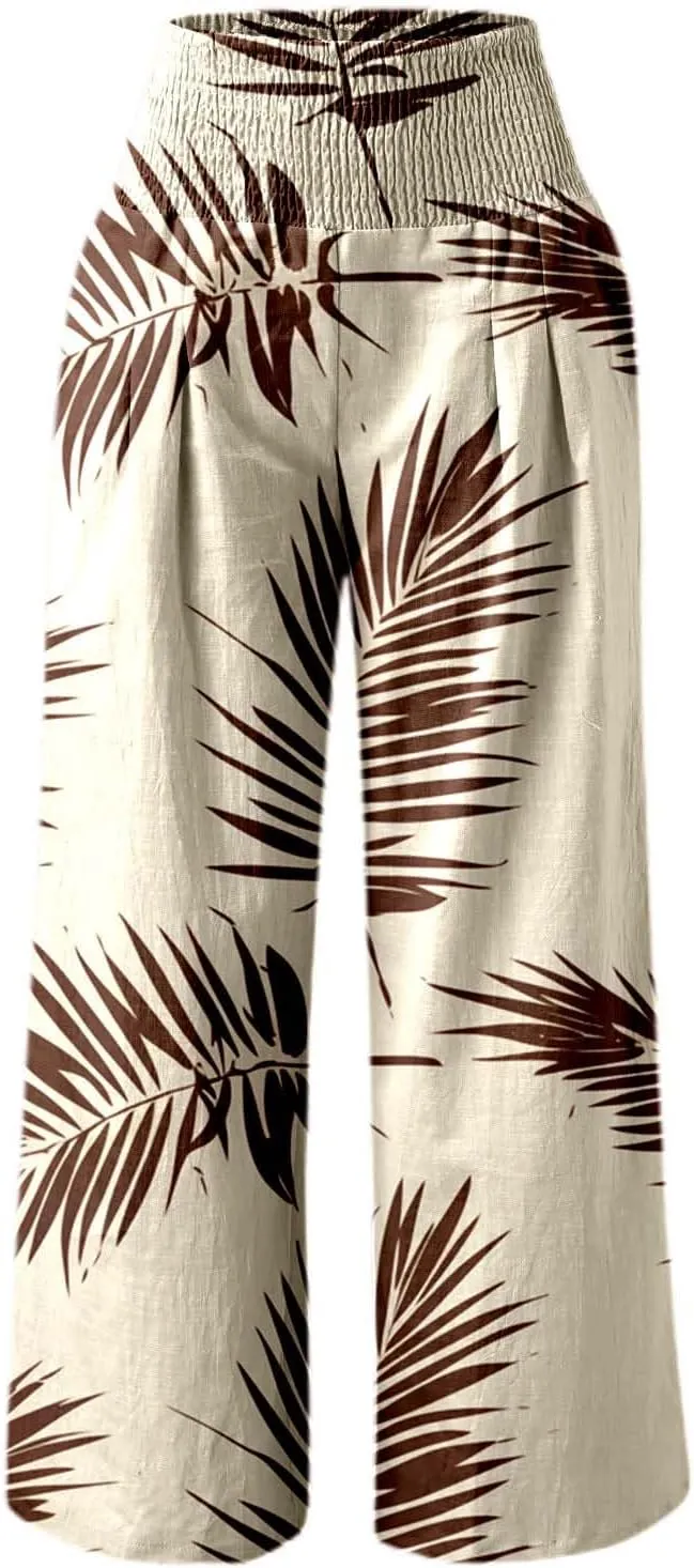 Women's Casual Wide Leg Pants High Waist Flowy Palazzo Trousers Summer Boho Beach Comfortable Loose Fit Trendy