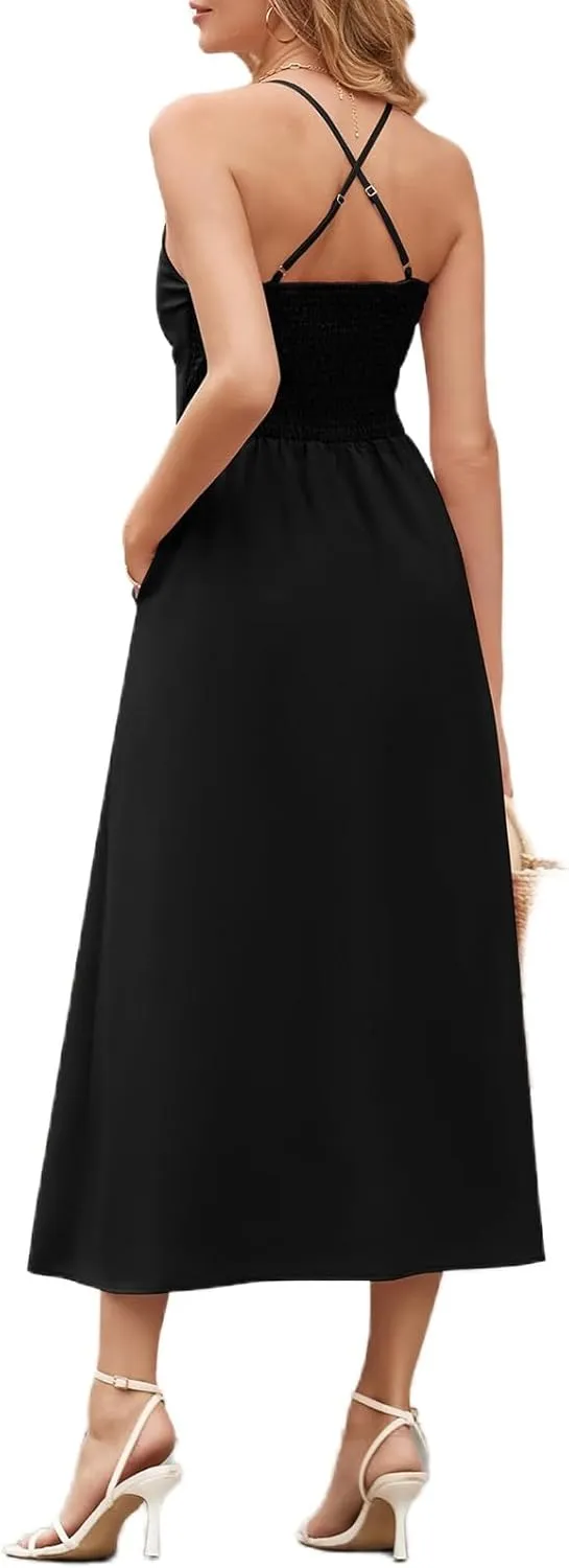 Womens Elegant Dresses for Wedding Guest V Neck Sleeveless Maxi Dress Smocked Waist Cutout Slit Dress Party Evening