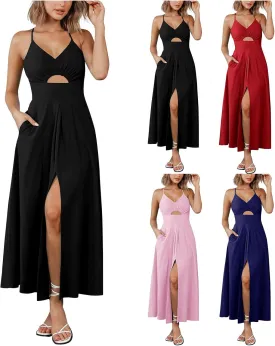 Womens Elegant Dresses for Wedding Guest V Neck Sleeveless Maxi Dress Smocked Waist Cutout Slit Dress Party Evening