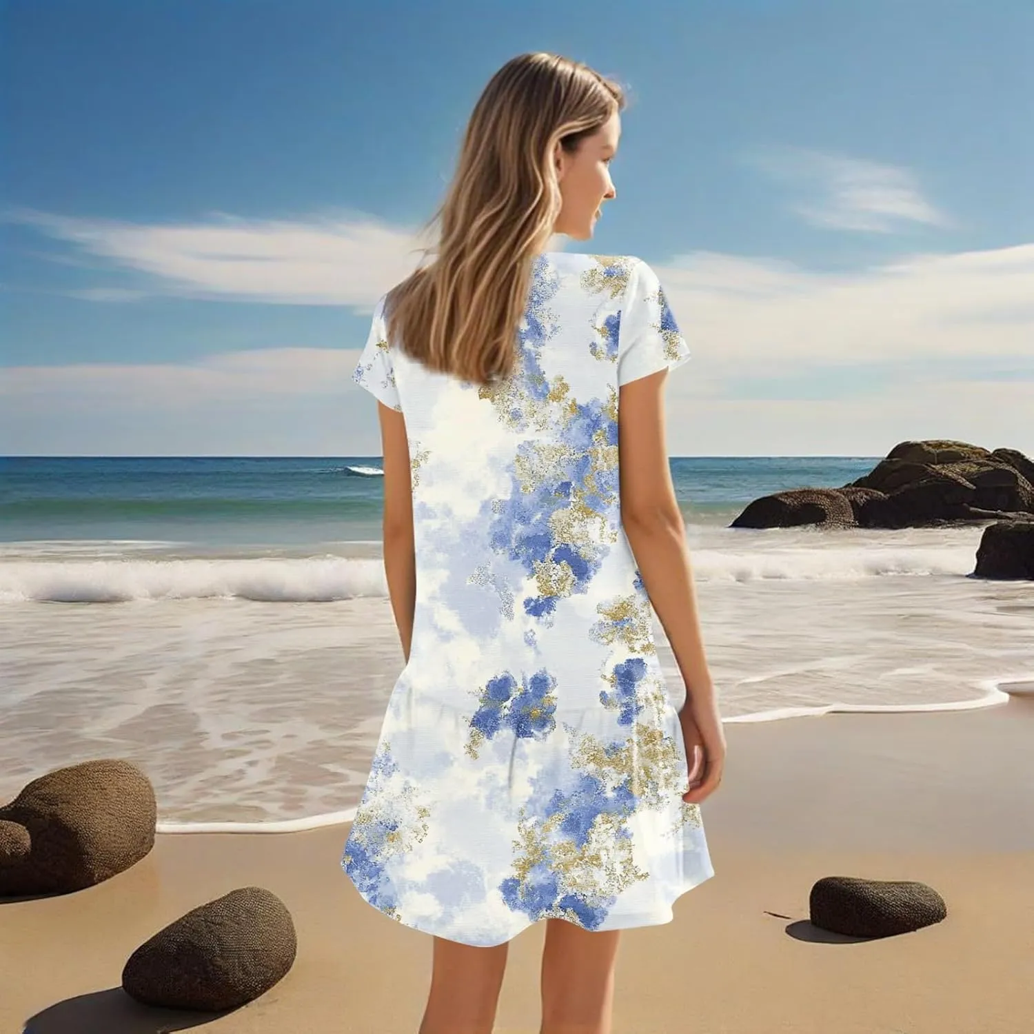 Women's Floral Print V-Neck Short Sleeve 2025 Beach Dress Flowy Relaxed Fit Boho Style Chic Sundress