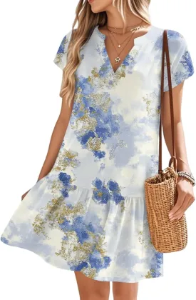 Women's Floral Print V-Neck Short Sleeve 2025 Beach Dress Flowy Relaxed Fit Boho Style Chic Sundress