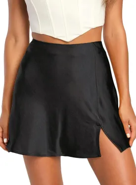 Womens High Waisted Satin Mini Skirts A Line Elastic Waistband Going Out Mini Silk Skirts with Slit