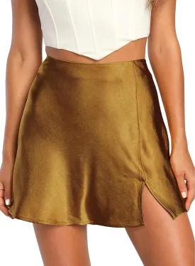Womens High Waisted Satin Mini Skirts A Line Elastic Waistband Going Out Mini Silk Skirts with Slit