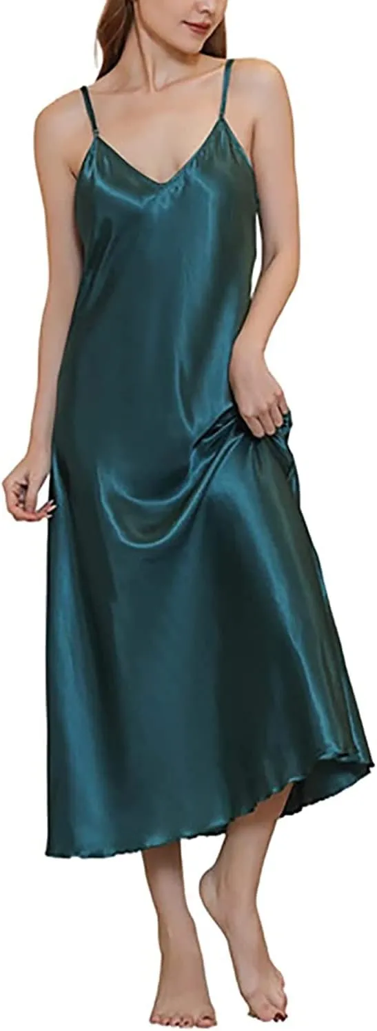 Womens Satin Nightgown Silk Slip Dress Sleepwear Sexy V Neck Negligee Lingerie Long Nightwear