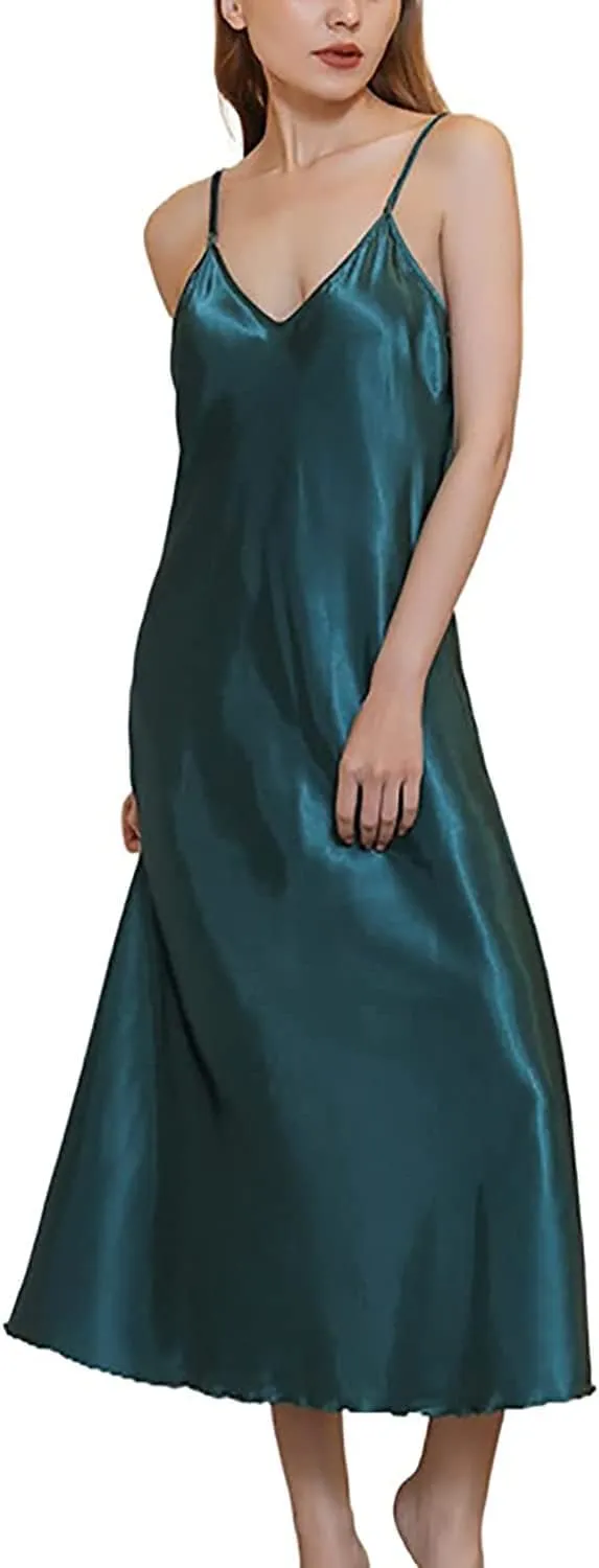 Womens Satin Nightgown Silk Slip Dress Sleepwear Sexy V Neck Negligee Lingerie Long Nightwear
