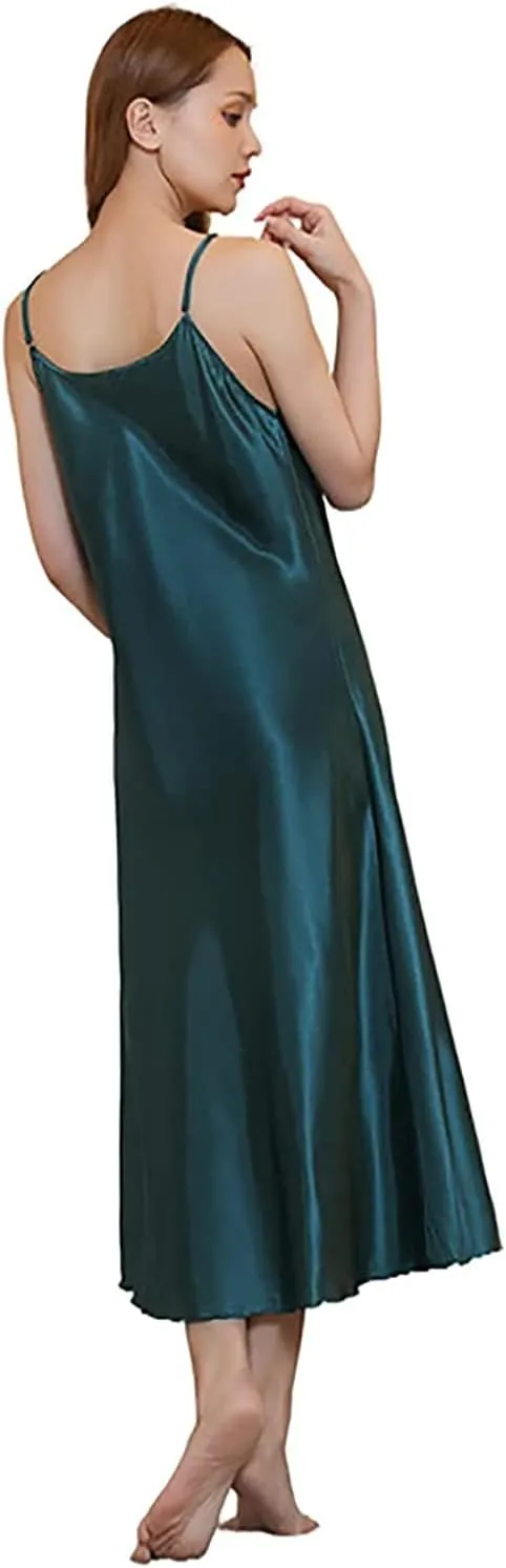 Womens Satin Nightgown Silk Slip Dress Sleepwear Sexy V Neck Negligee Lingerie Long Nightwear
