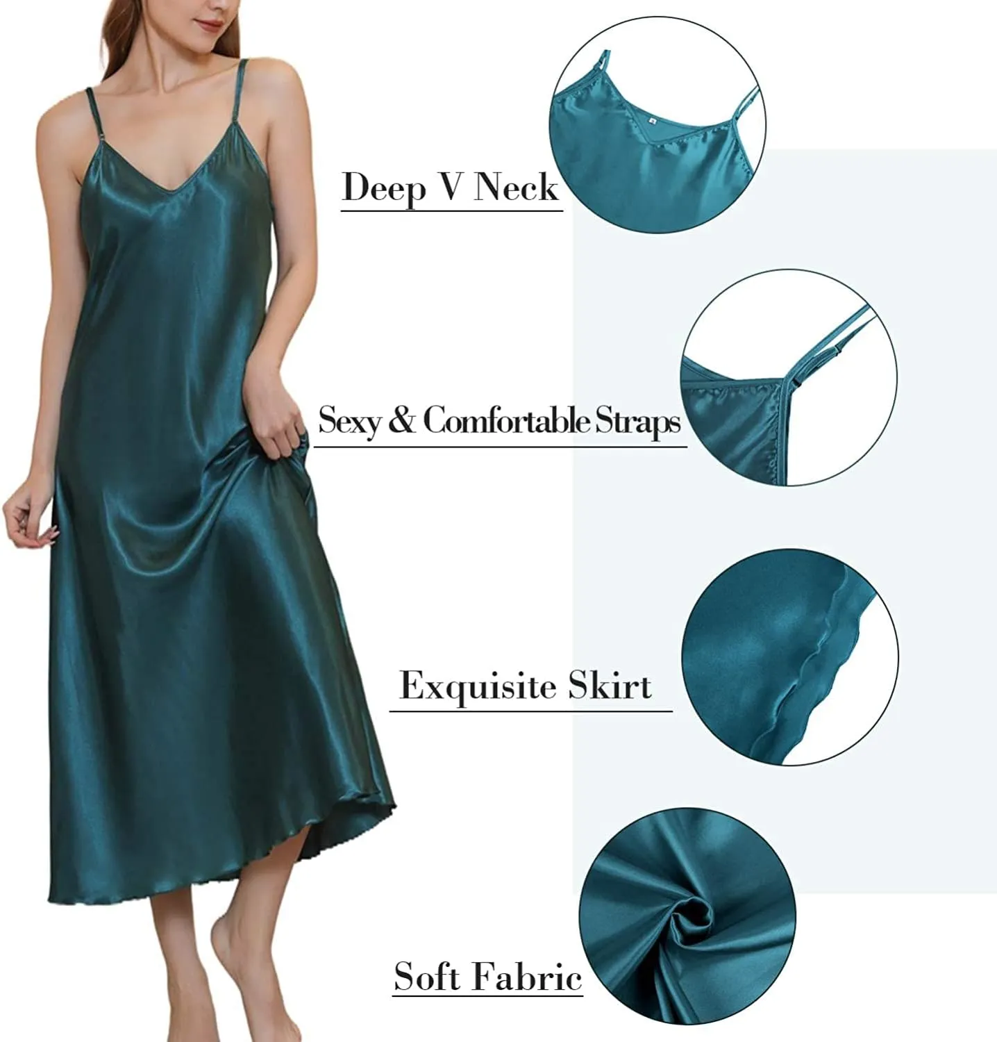 Womens Satin Nightgown Silk Slip Dress Sleepwear Sexy V Neck Negligee Lingerie Long Nightwear