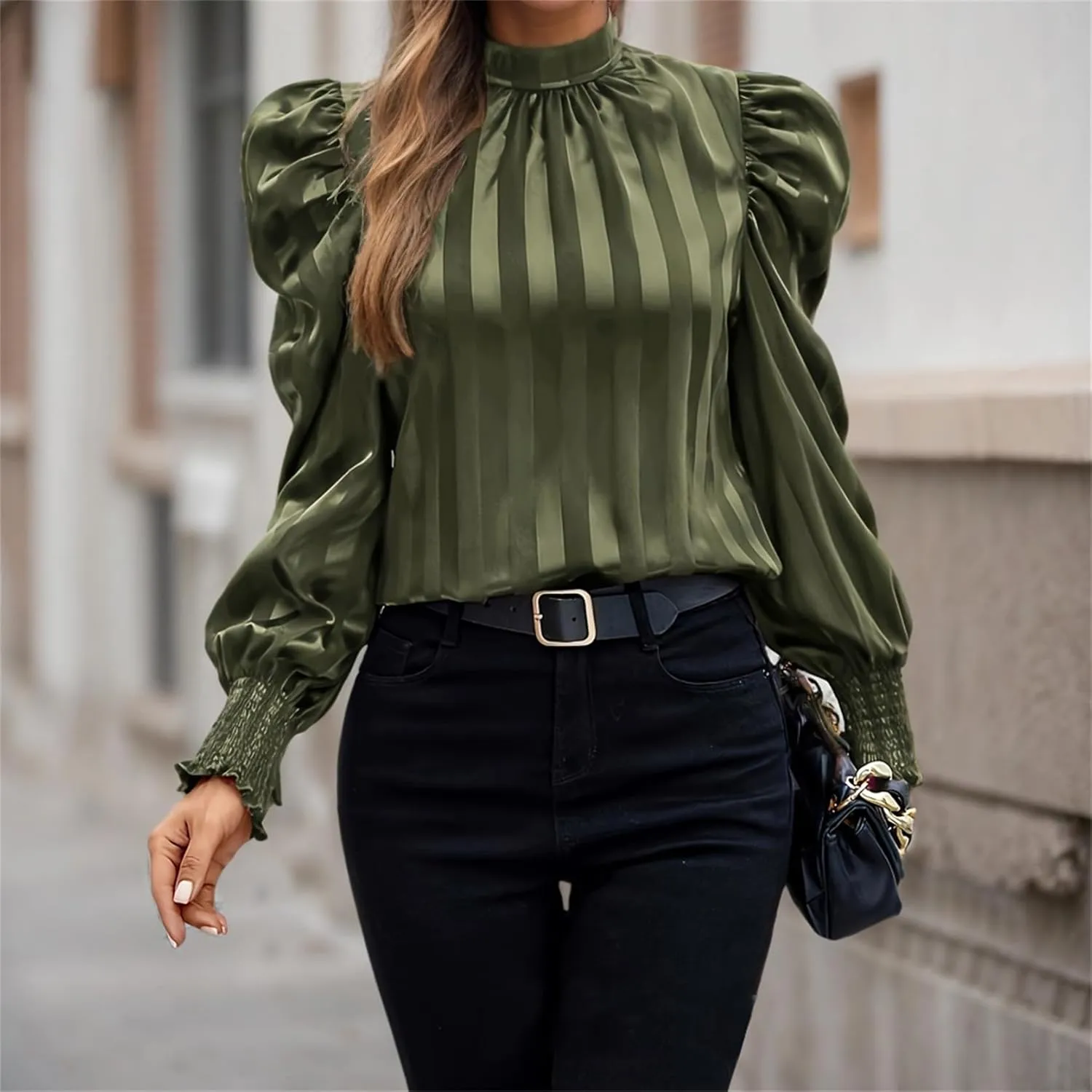 Womens Satin Striped Puff Sleeve Pleated Shirts Mock Neck Long Sleeve Solid Business Casual Work Blouse Tops