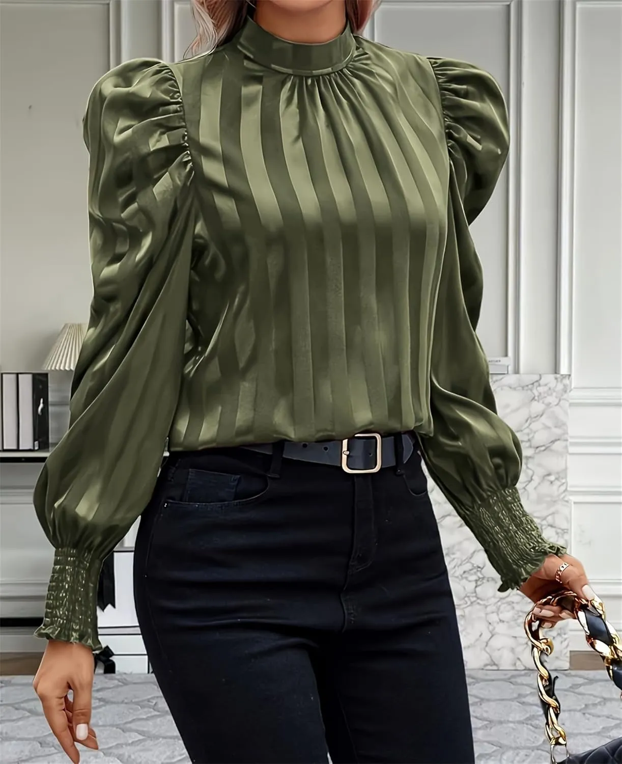 Womens Satin Striped Puff Sleeve Pleated Shirts Mock Neck Long Sleeve Solid Business Casual Work Blouse Tops