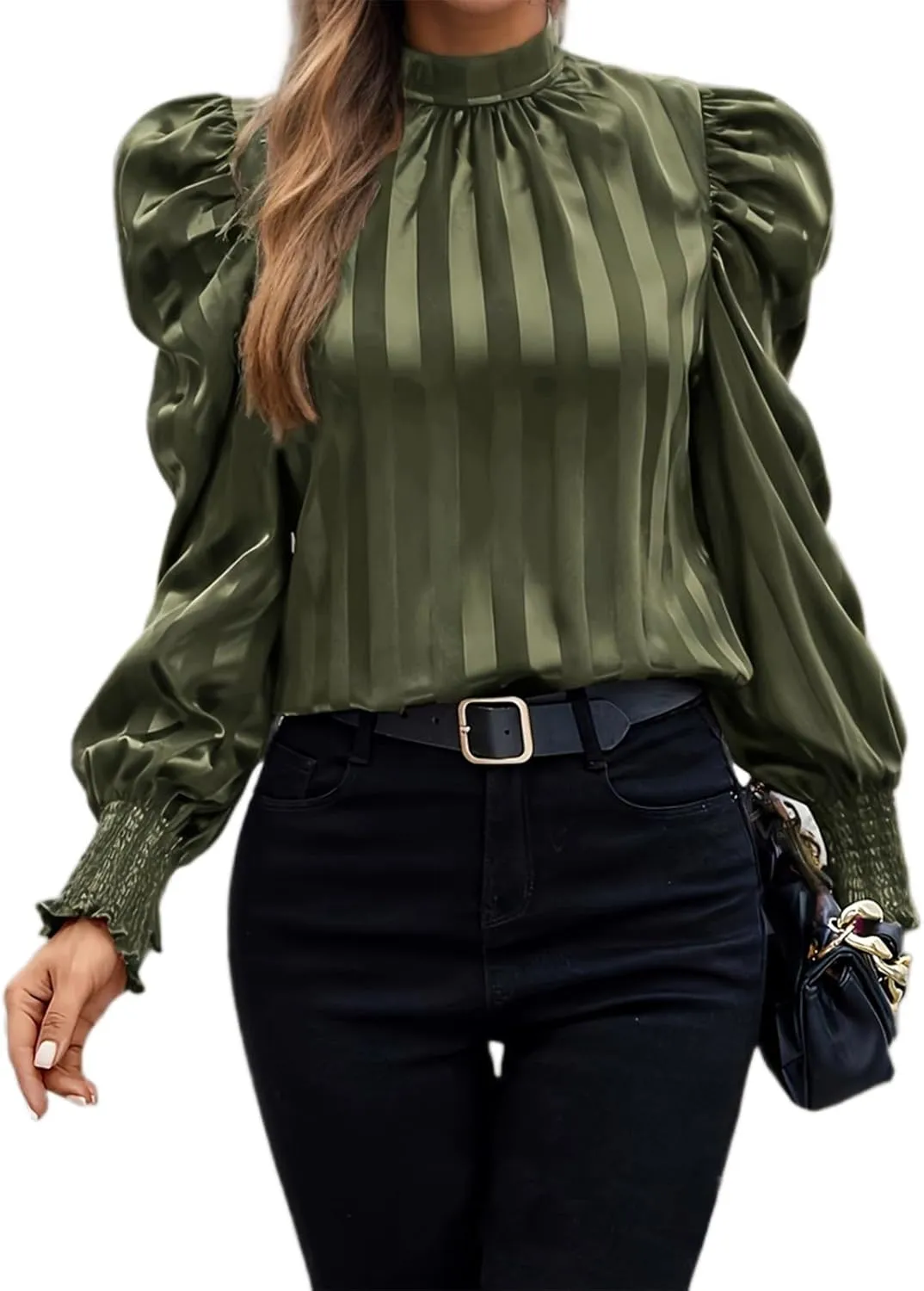 Womens Satin Striped Puff Sleeve Pleated Shirts Mock Neck Long Sleeve Solid Business Casual Work Blouse Tops