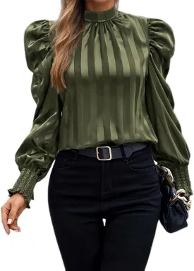 Womens Satin Striped Puff Sleeve Pleated Shirts Mock Neck Long Sleeve Solid Business Casual Work Blouse Tops