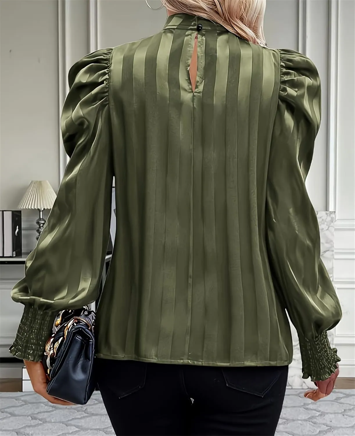Womens Satin Striped Puff Sleeve Pleated Shirts Mock Neck Long Sleeve Solid Business Casual Work Blouse Tops