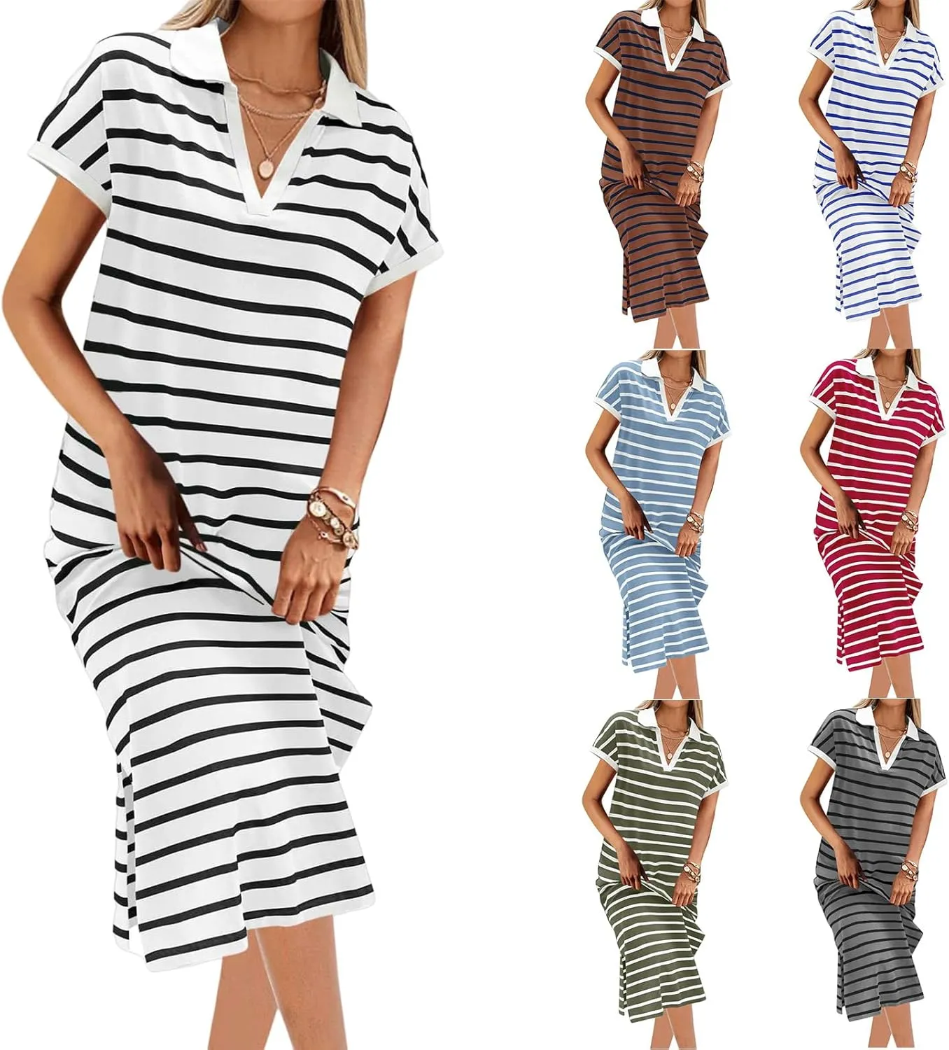 Womens Striped Summer Dresses Casual Short Sleeve V Neck Dress Knitted Collared Dress Side Slit Maxi Sweater Dresses