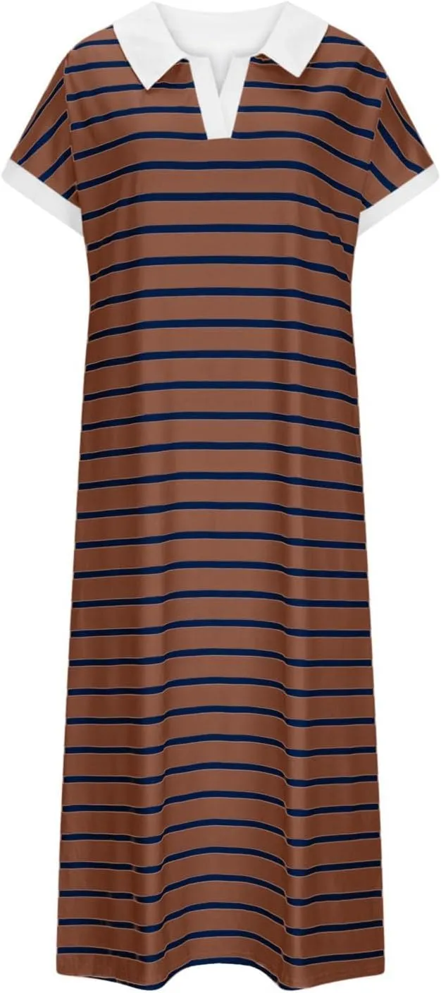 Womens Striped Summer Dresses Casual Short Sleeve V Neck Dress Knitted Collared Dress Side Slit Maxi Sweater Dresses