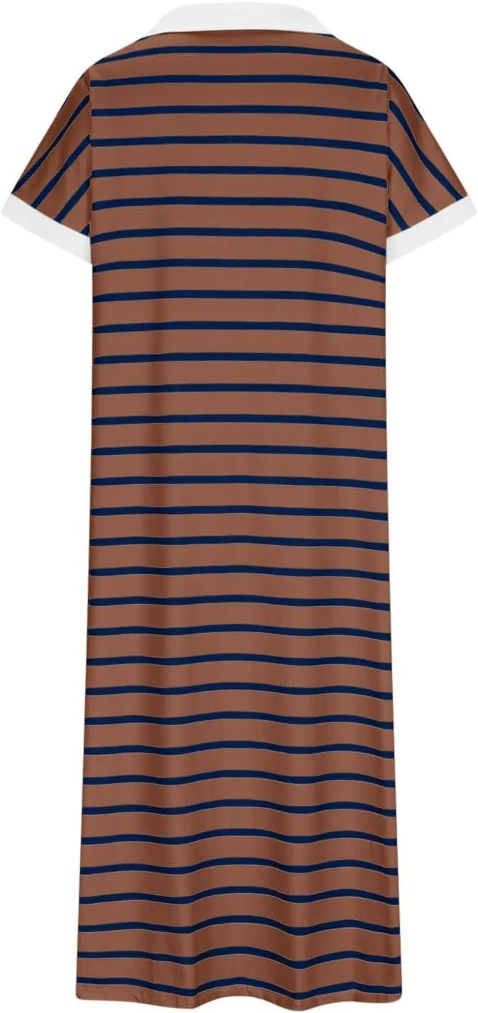Womens Striped Summer Dresses Casual Short Sleeve V Neck Dress Knitted Collared Dress Side Slit Maxi Sweater Dresses