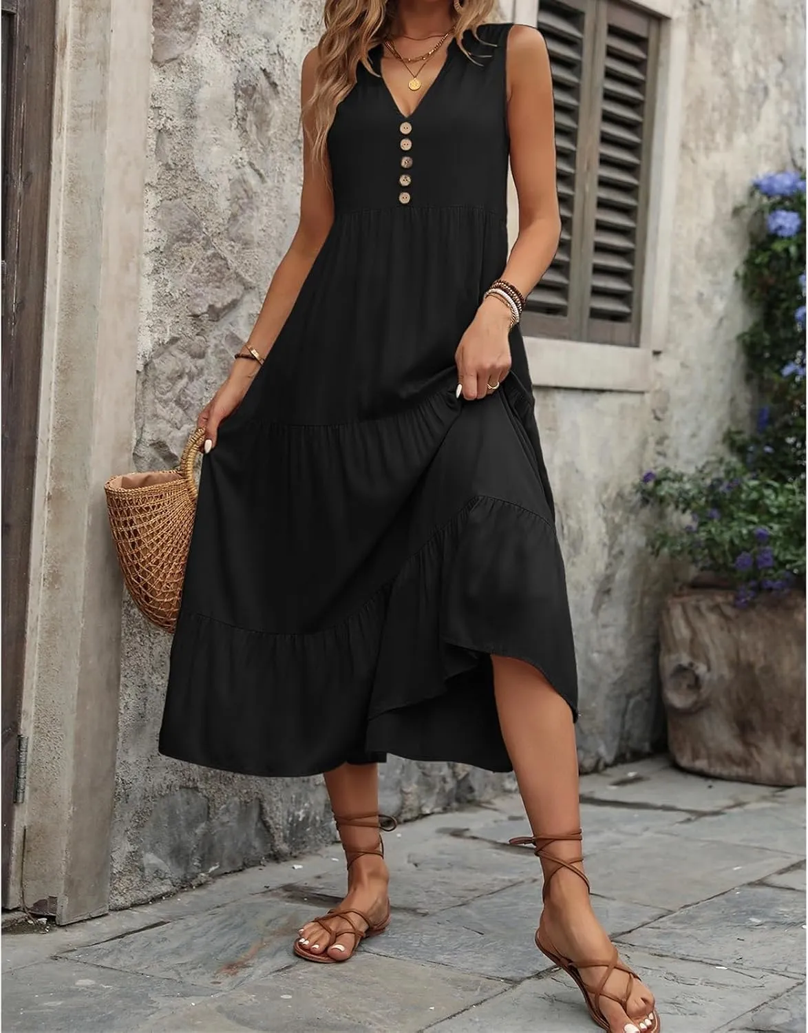 Womens Summer Flowy Maxi Dress with Pockets Sleeveless Loose Casual V-Neck Tiered Sundress for Beach Cruise Vacations