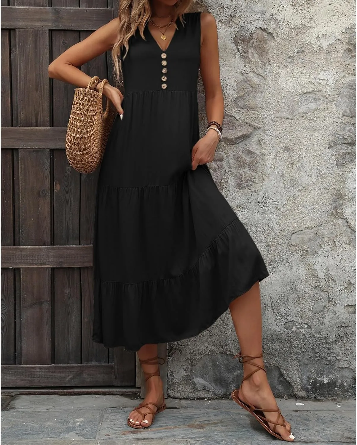 Womens Summer Flowy Maxi Dress with Pockets Sleeveless Loose Casual V-Neck Tiered Sundress for Beach Cruise Vacations