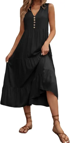 Womens Summer Flowy Maxi Dress with Pockets Sleeveless Loose Casual V-Neck Tiered Sundress for Beach Cruise Vacations