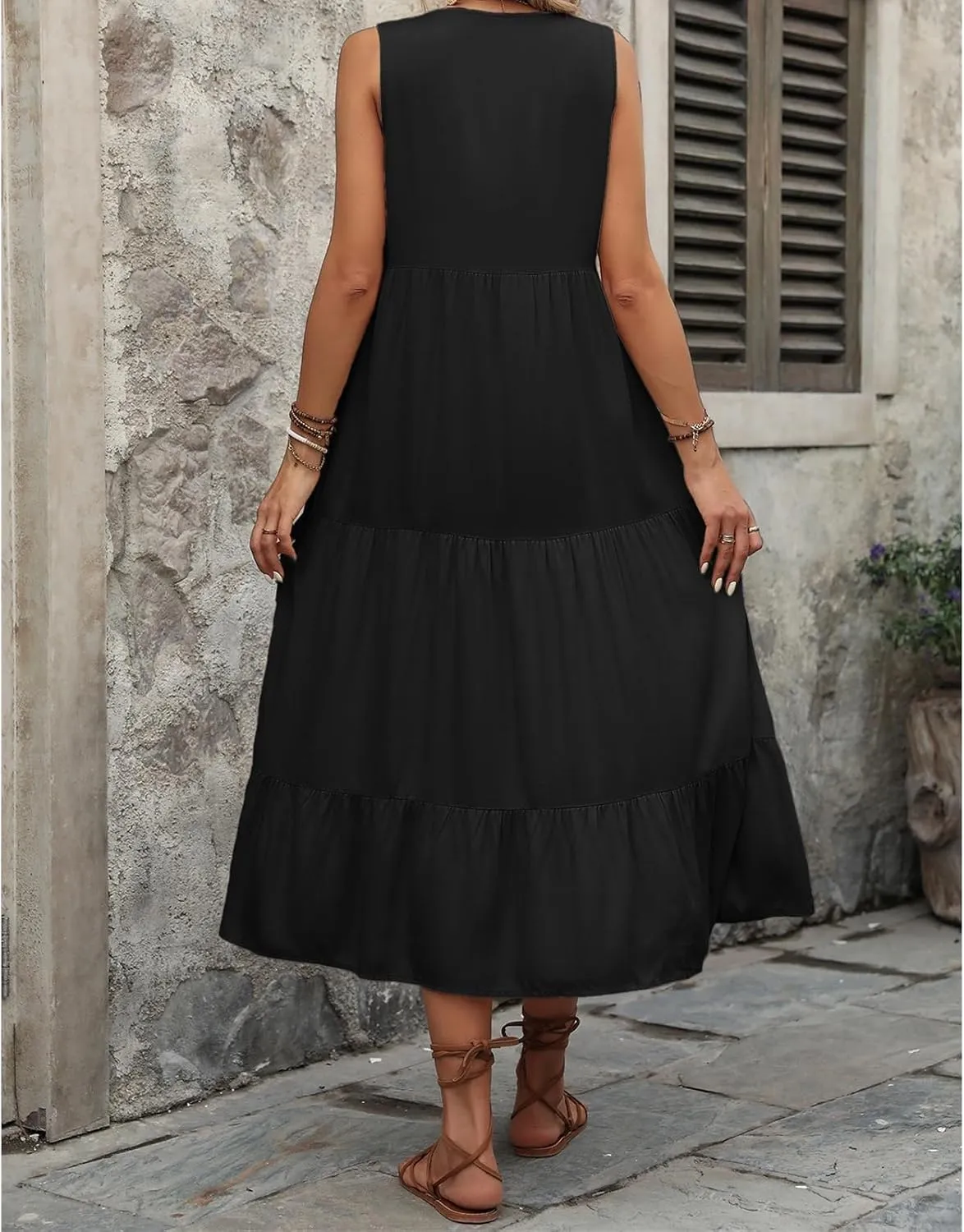 Womens Summer Flowy Maxi Dress with Pockets Sleeveless Loose Casual V-Neck Tiered Sundress for Beach Cruise Vacations