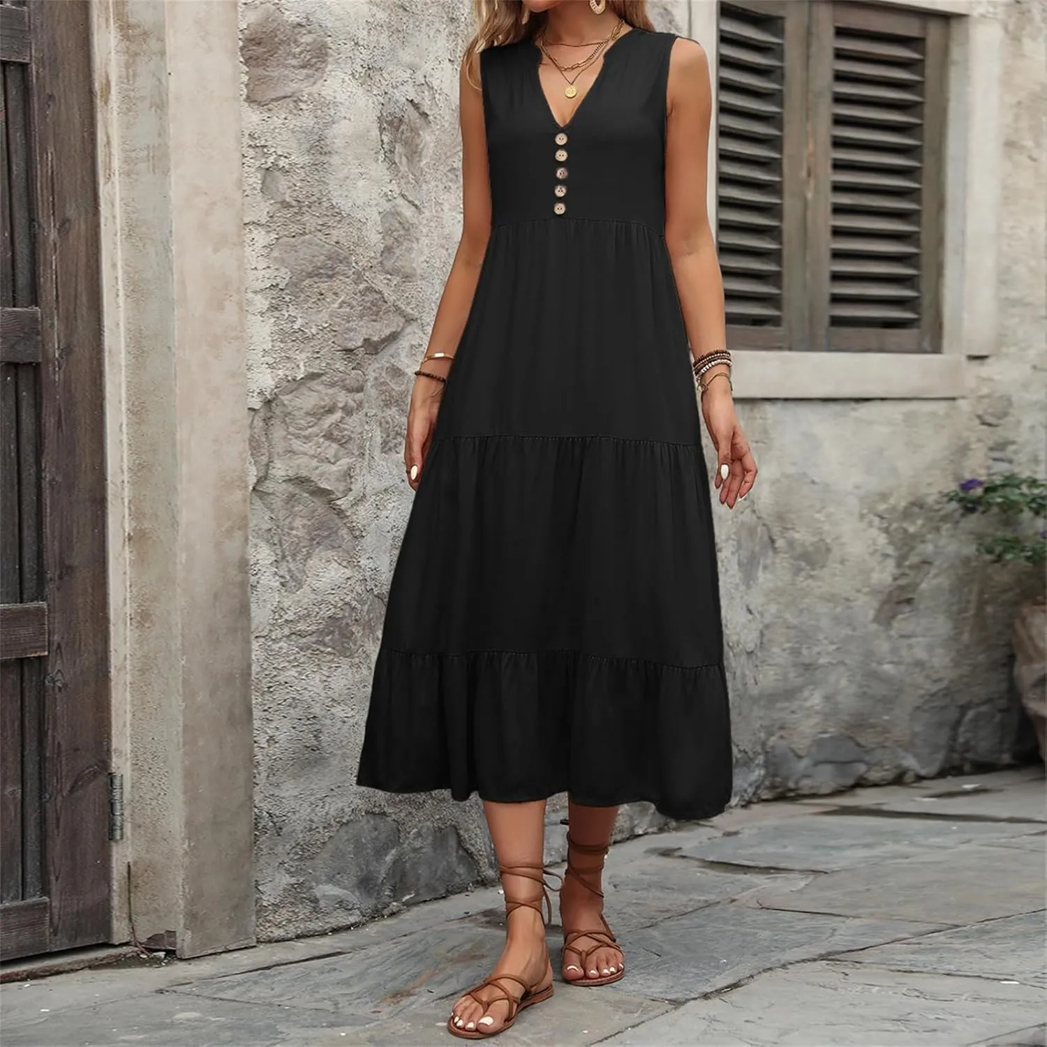 Womens Summer Flowy Maxi Dress with Pockets Sleeveless Loose Casual V-Neck Tiered Sundress for Beach Cruise Vacations