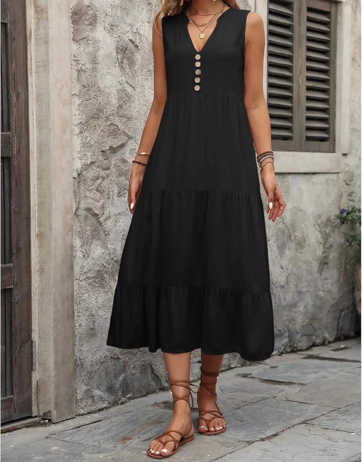 Womens Summer Flowy Maxi Dress with Pockets Sleeveless Loose Casual V-Neck Tiered Sundress for Beach Cruise Vacations