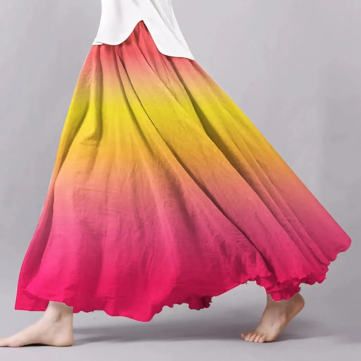 Women's Summer Printed Linen Wrap Skirt Elastic Waist A Line Boho Beach Skirt Flowy Long Maxi Skirt for Vacation