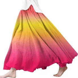 Women's Summer Printed Linen Wrap Skirt Elastic Waist A Line Boho Beach Skirt Flowy Long Maxi Skirt for Vacation